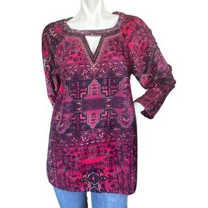 Soft Surroundings Ottoman Pink & Red Boho Paisley Velvet Beaded Blouse Small